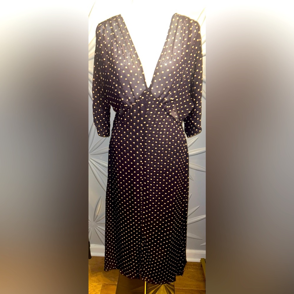 EUC ULF Andersson SZ M navy/beige polka dot 40’s style dress w/sheer top